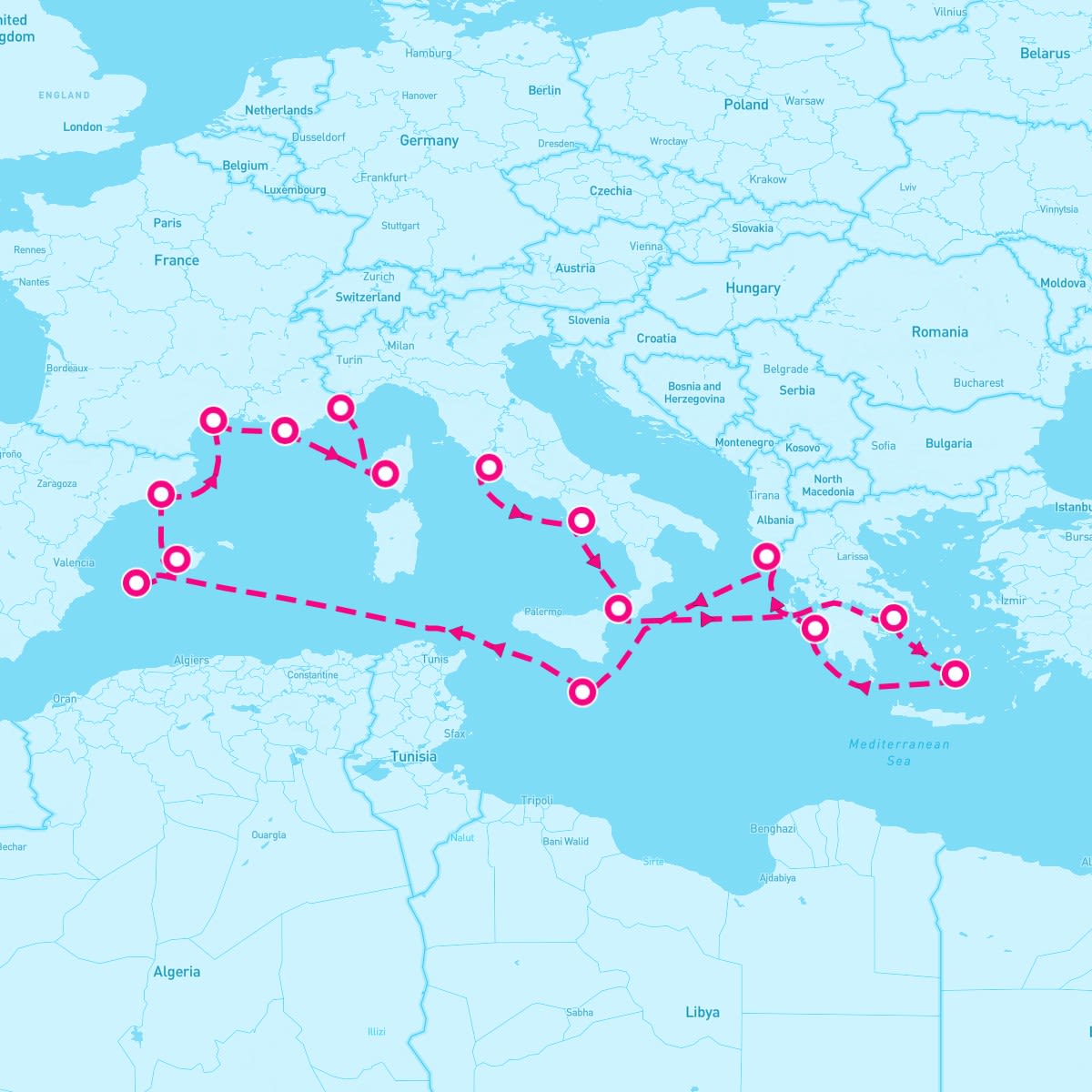 Seven Seas Mariner itinerary map for September 5, 2024 (17 nights)
