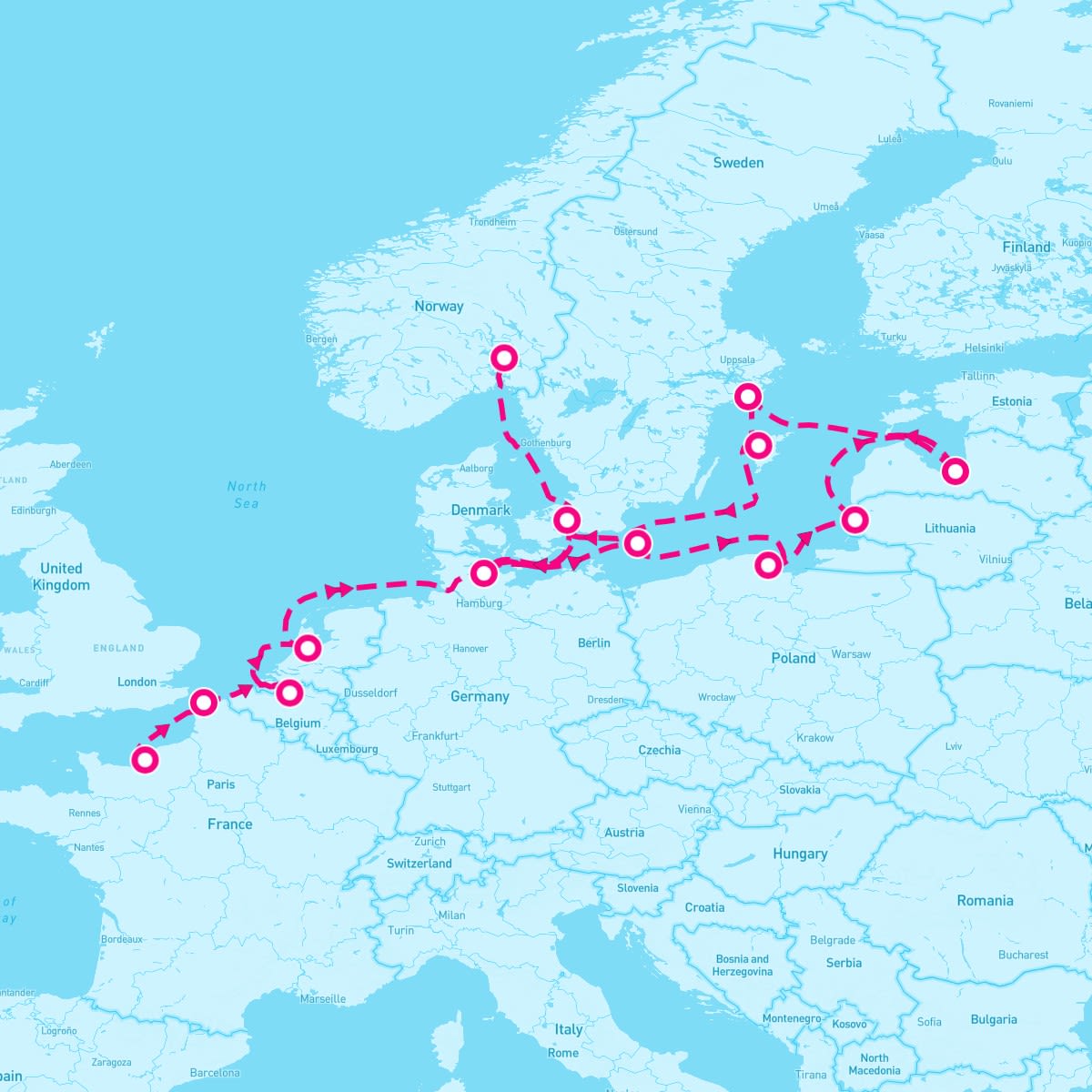 Seven Seas Mariner itinerary map for August 12, 2025 (18 nights)