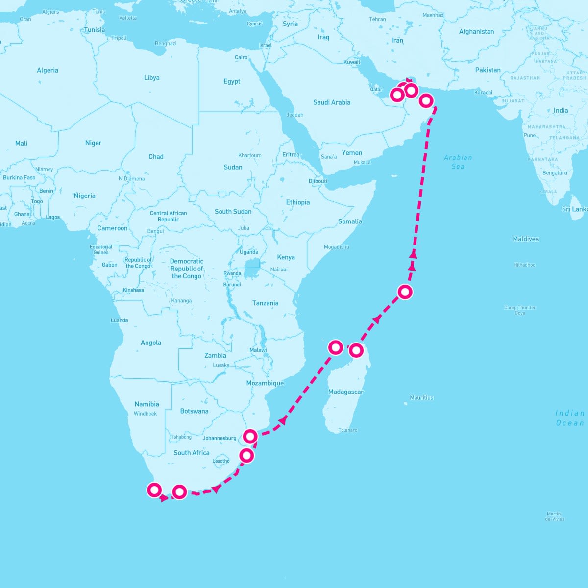 Seven Seas Voyager itinerary map for December 1, 2024 (19 nights)