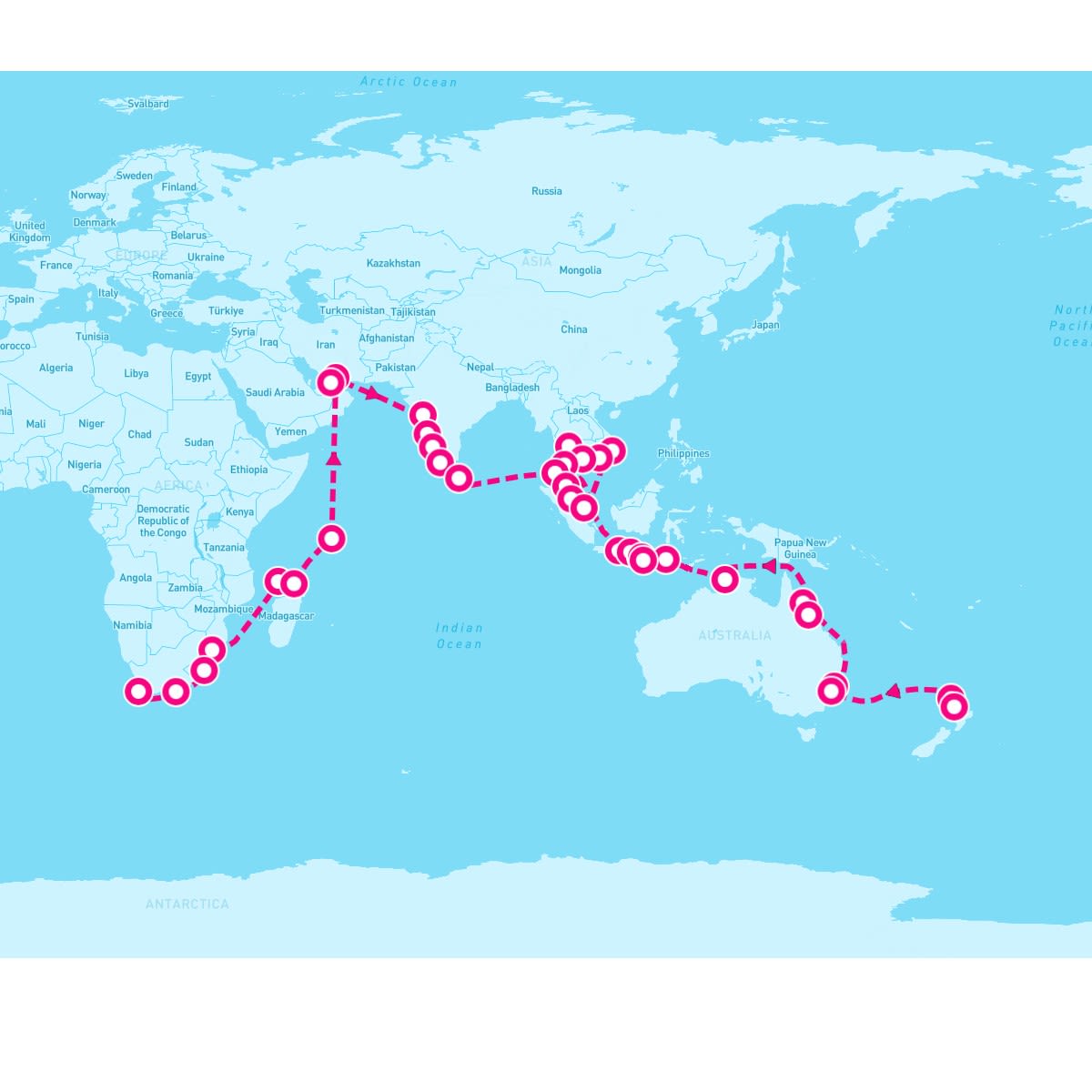 Seven Seas Voyager itinerary map for March 25, 2025 (71 nights)