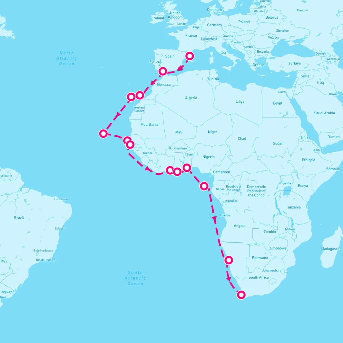 Seven Seas Voyager itinerary map for December 19, 2025 (21 nights)