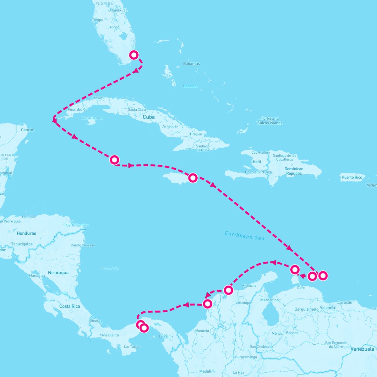Sirena itinerary map for January 14, 2024 (11 nights)