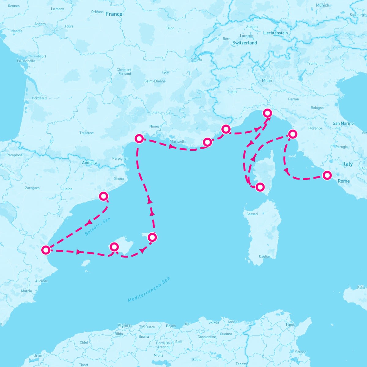 Sirena itinerary map for May 15, 2024 (10 nights)
