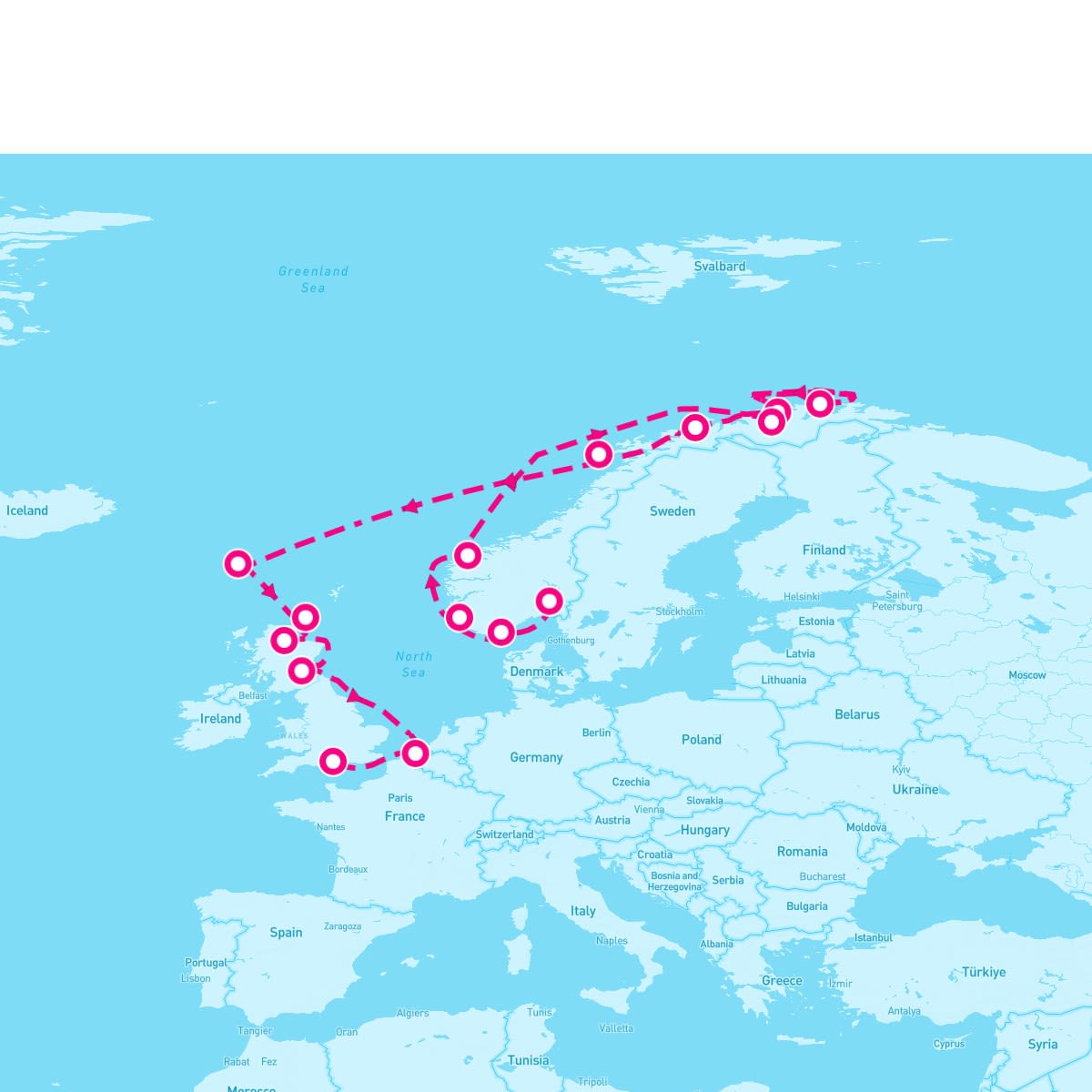 Sirena itinerary map for August 10, 2024 (18 nights)
