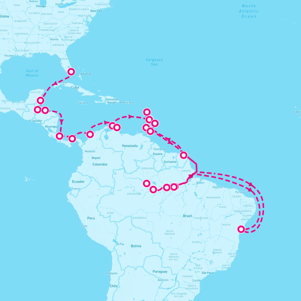 Sirena itinerary map for December 21, 2024 (32 nights)