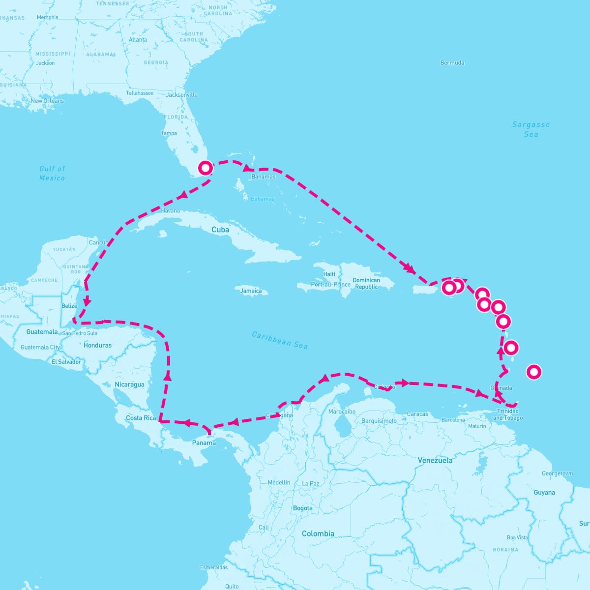 Sirena itinerary map for March 1, 2025 (22 nights)