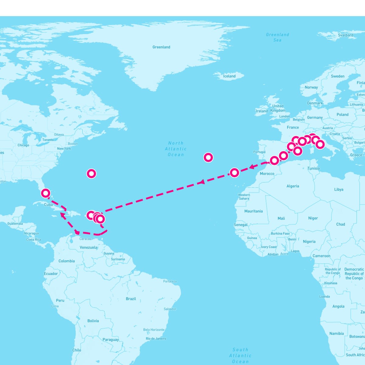 Sirena itinerary map for April 12, 2025 (31 nights)