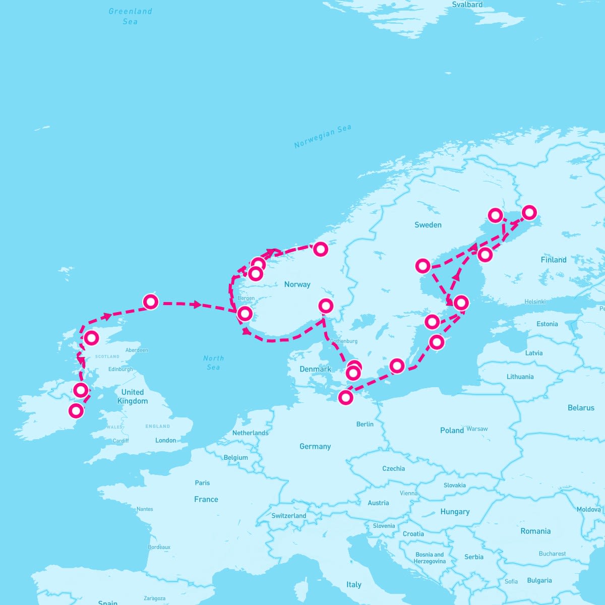 Sirena itinerary map for June 3, 2025 (23 nights)