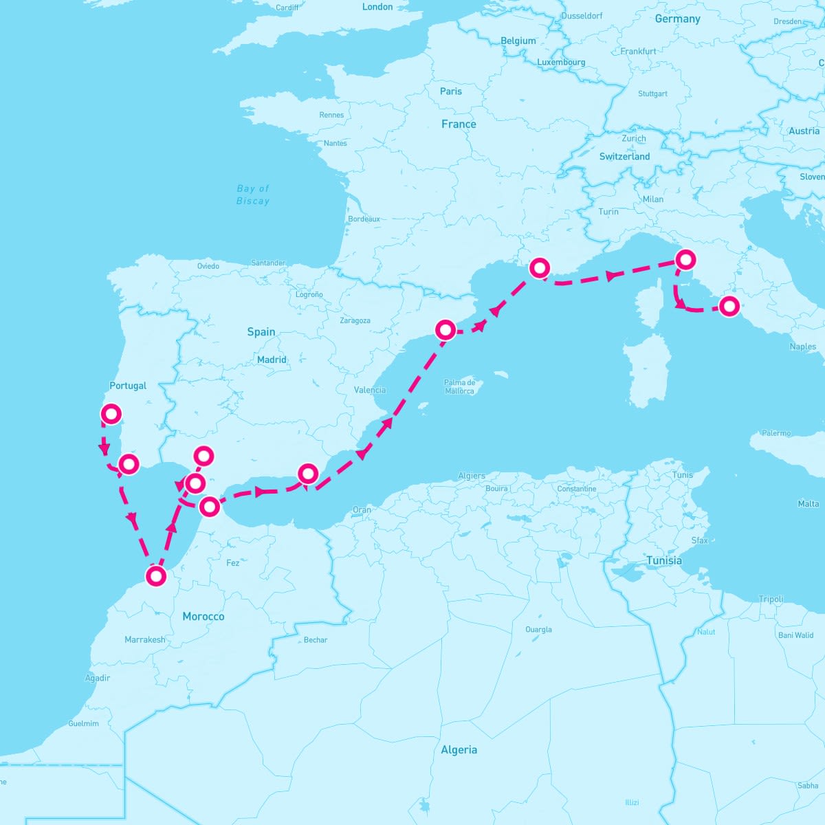Sirena itinerary map for October 4, 2025 (14 nights)