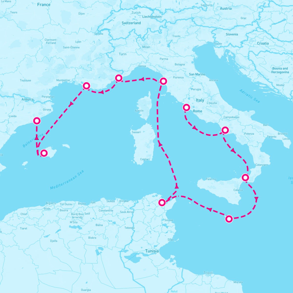 Sirena itinerary map for October 18, 2025 (10 nights)