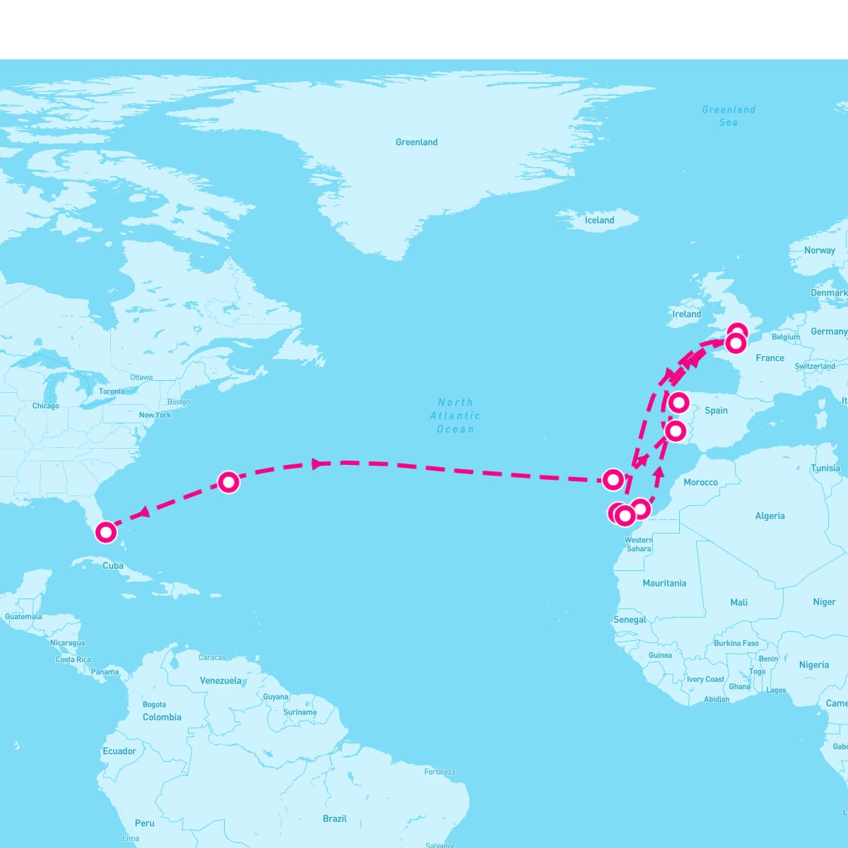 Sky Princess itinerary map for November 16, 2024 (29 nights)