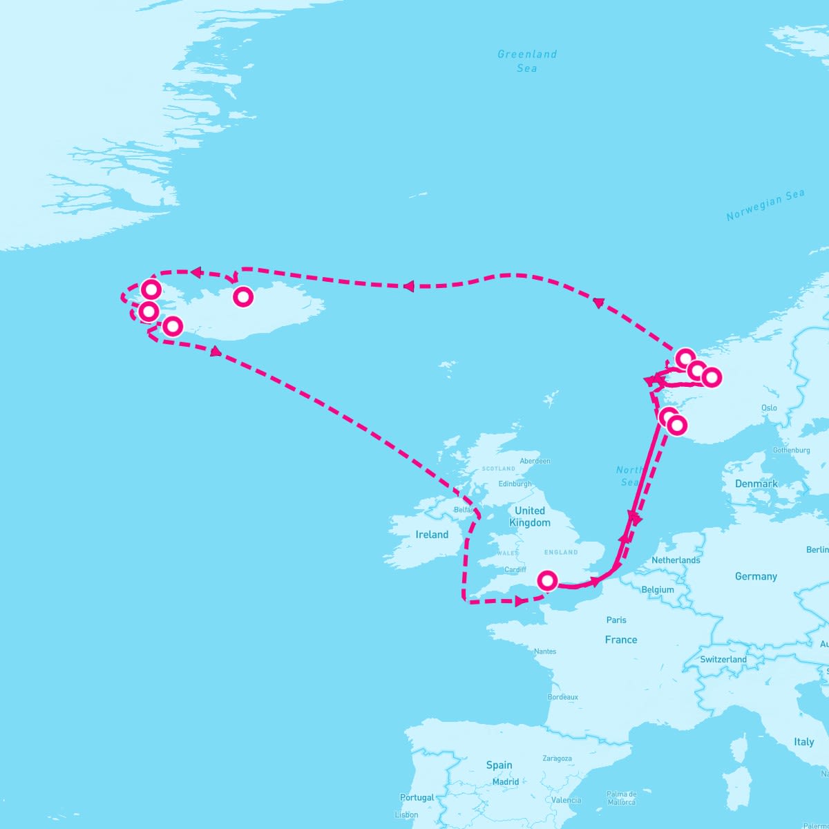 Sky Princess itinerary map for June 28, 2025 (21 nights)