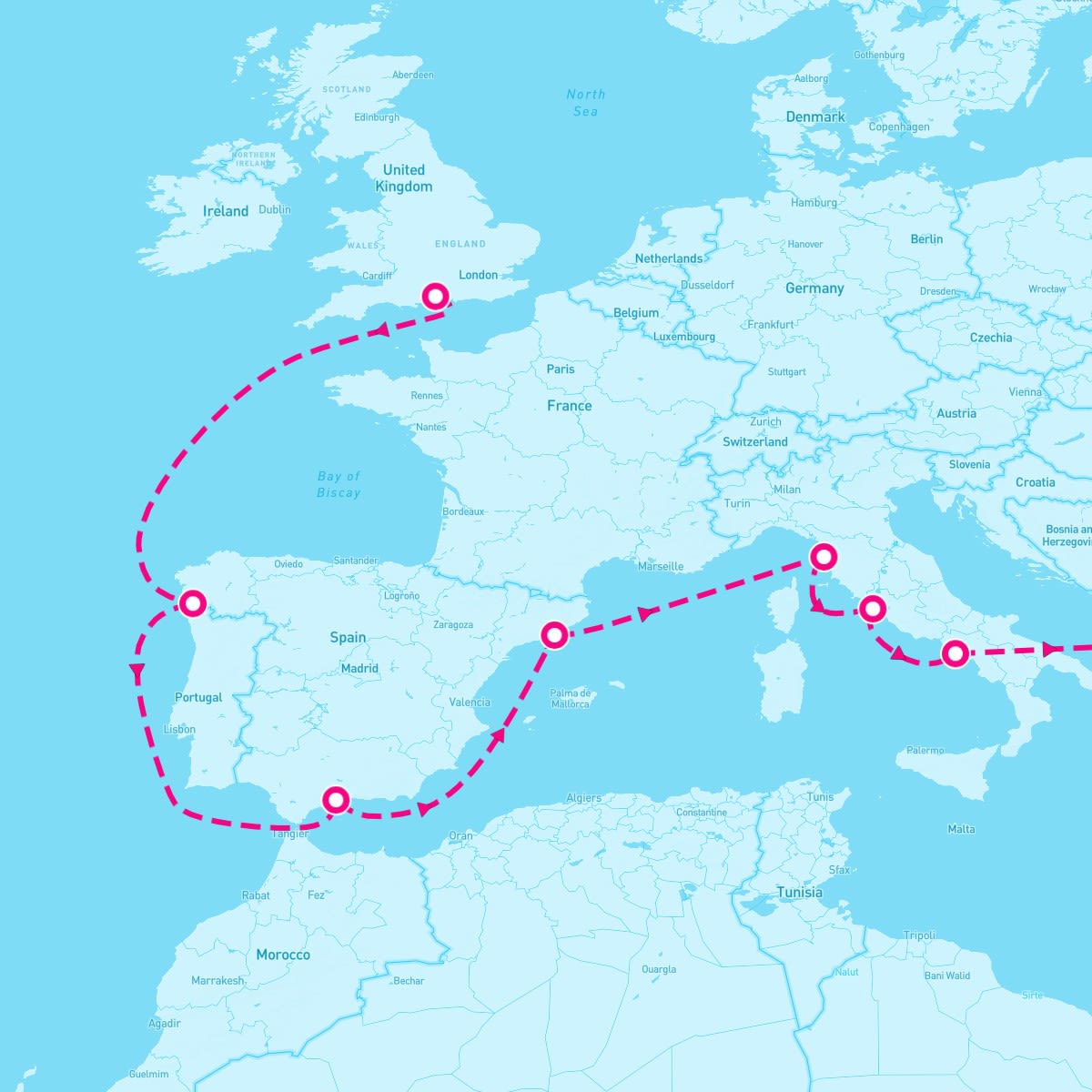 Sky Princess itinerary map for September 13, 2025 (14 nights)