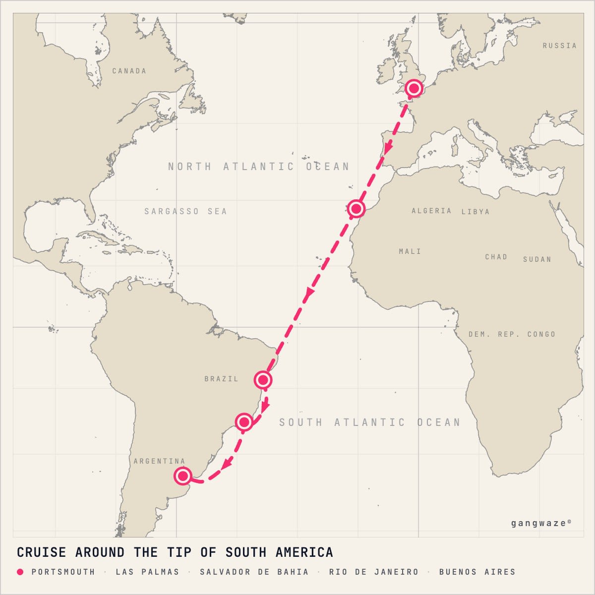 Spirit of Adventure January 7, 2027 itinerary map: from Portsmouth, calling at Las Palmas, Salvador De Bahia, Rio De Janeiro, Buenos Aires