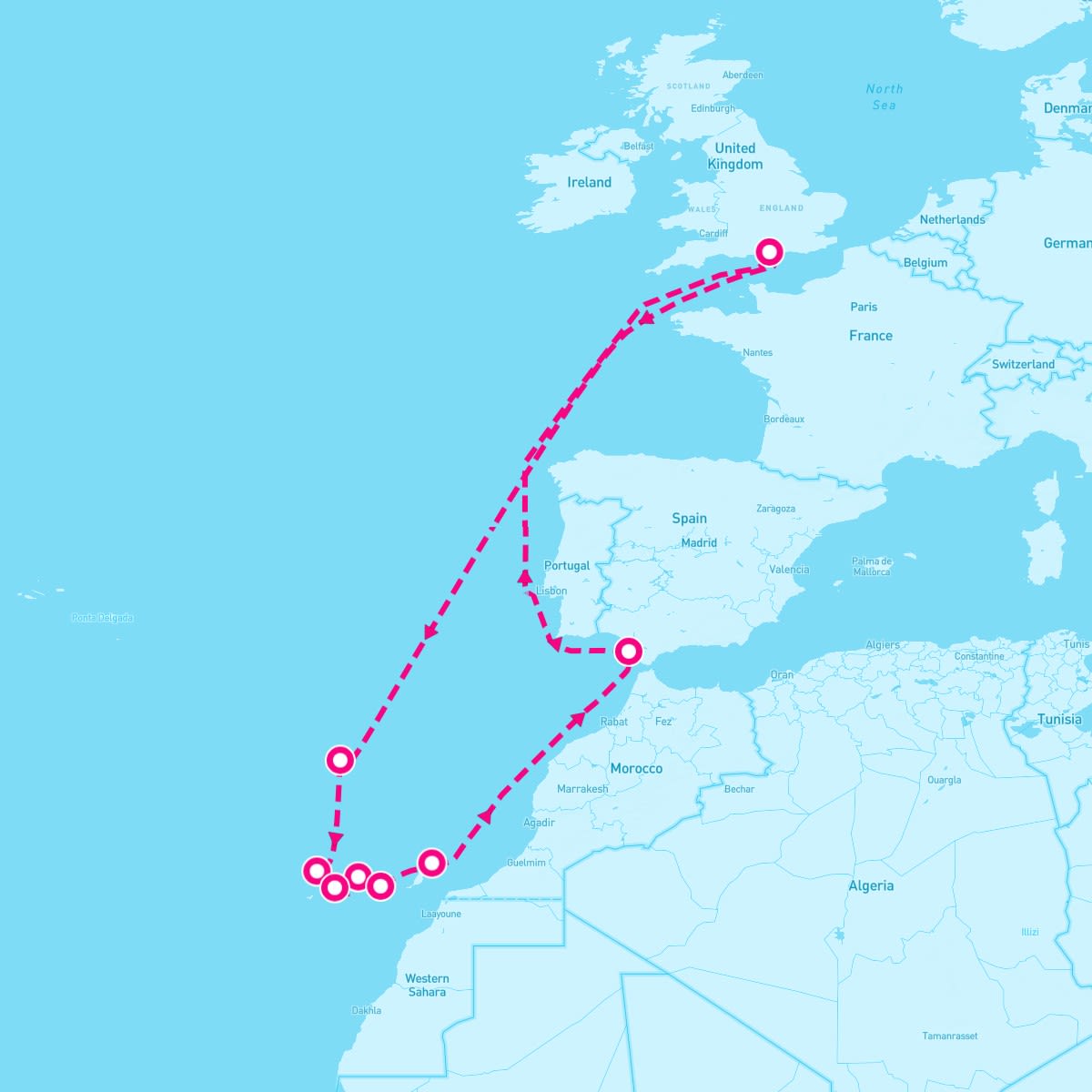 Spirit of Discovery itinerary map for October 15, 2025 (15 nights)