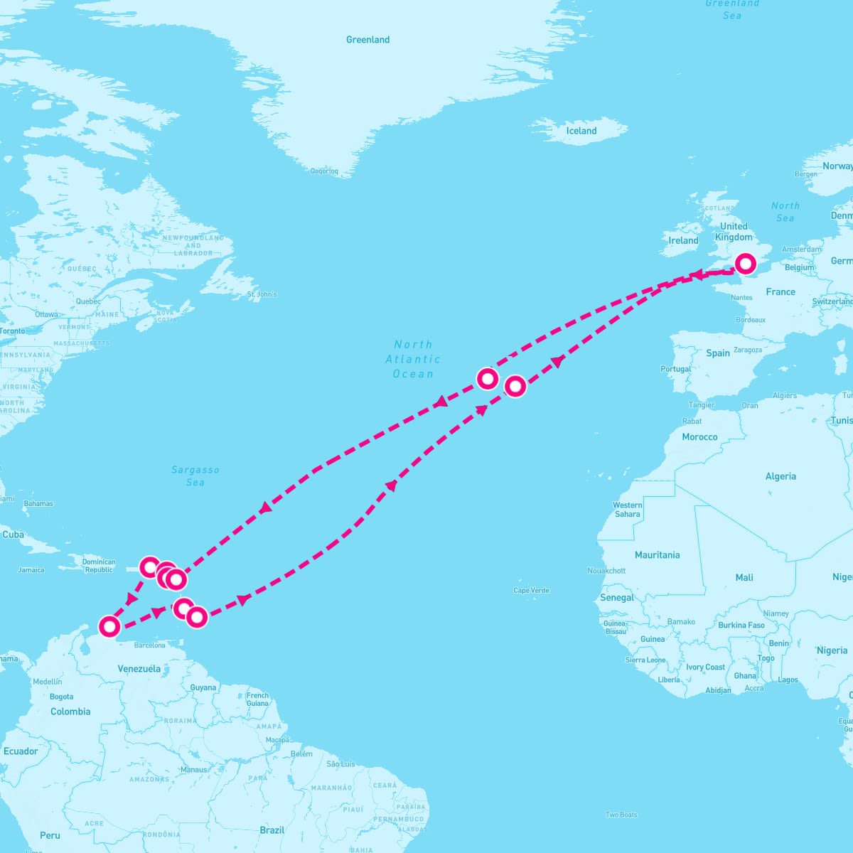 Spirit of Discovery itinerary map for October 30, 2025 (30 nights)