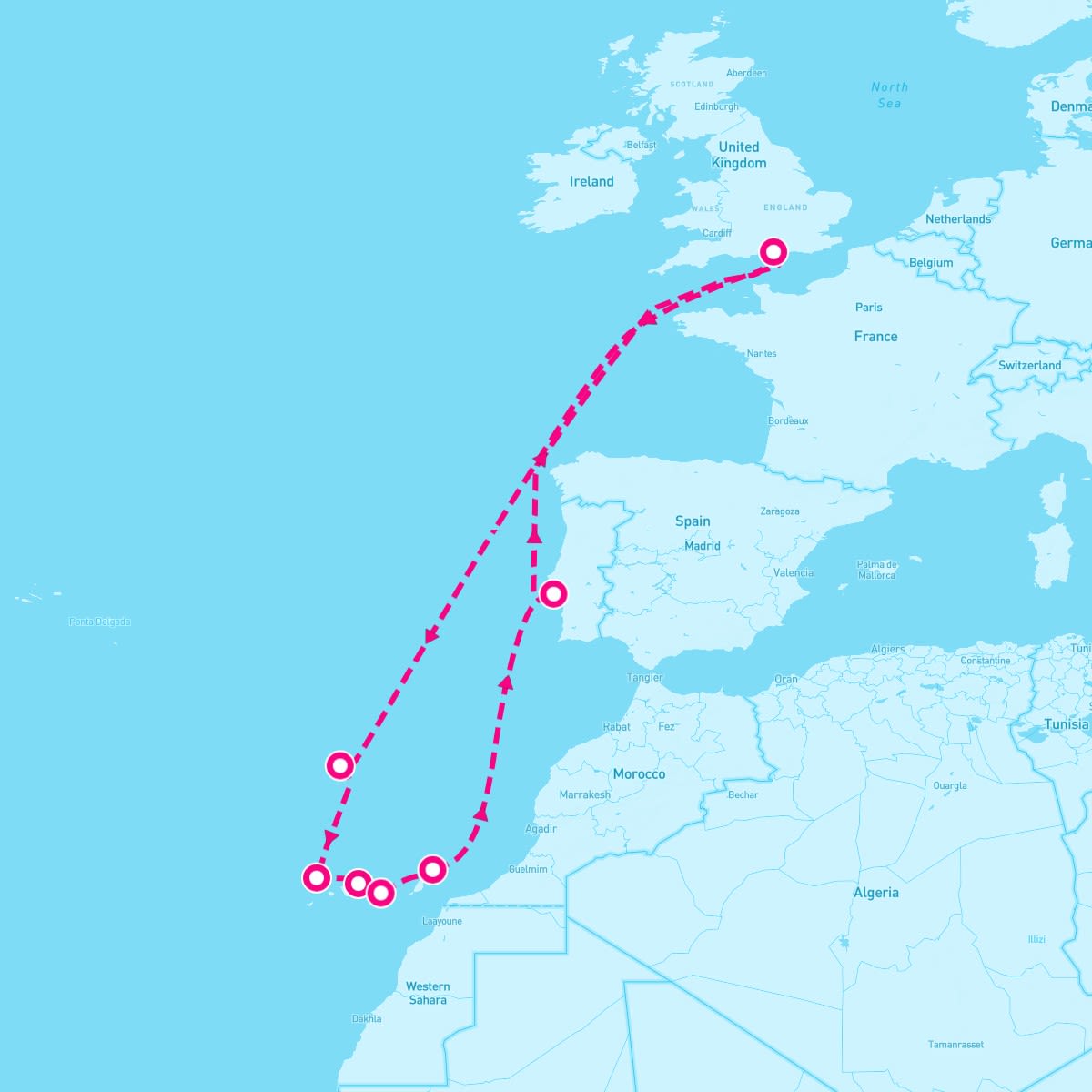 Spirit of Discovery itinerary map for January 5, 2026 (14 nights)