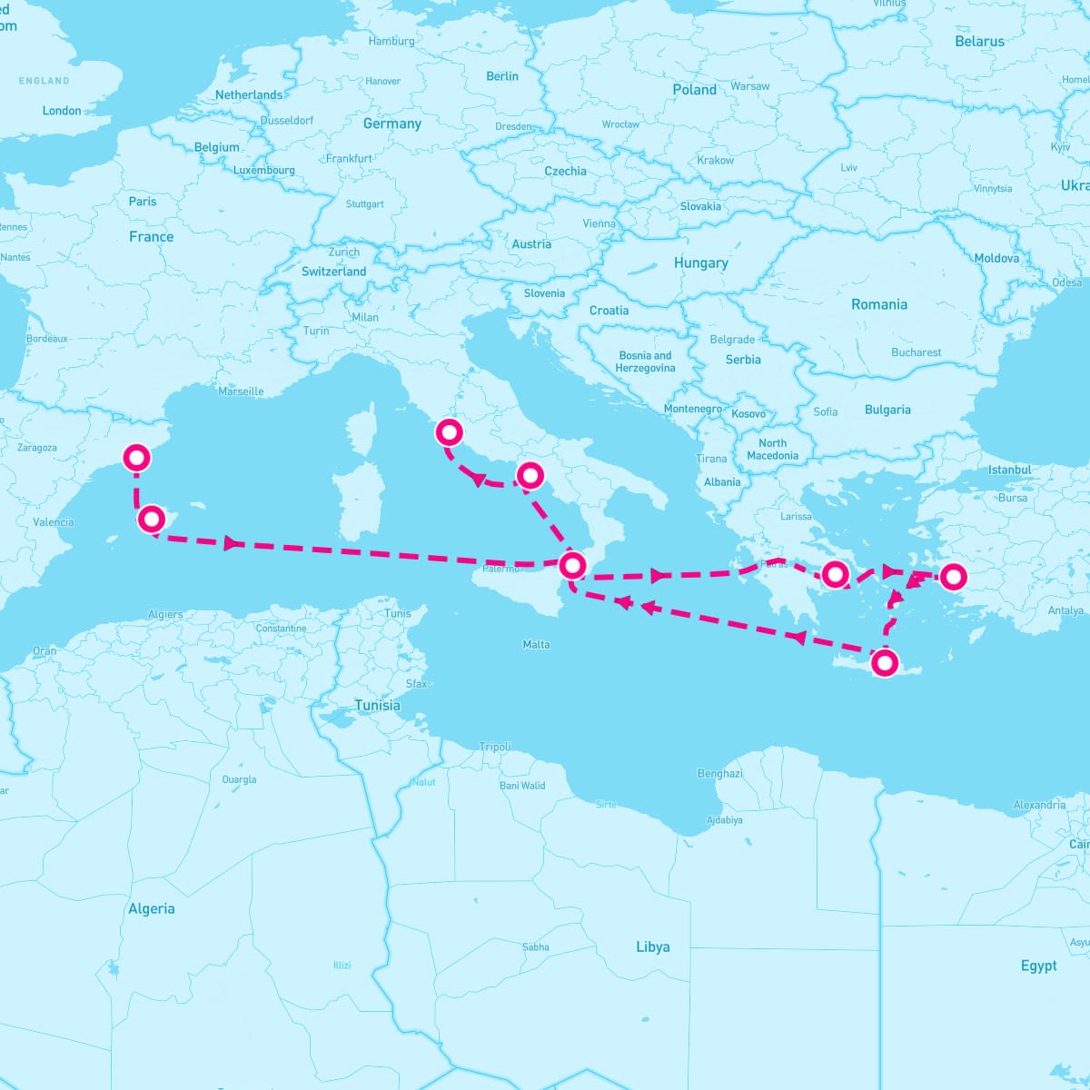 Sun Princess itinerary map for February 8, 2024 (10 nights)