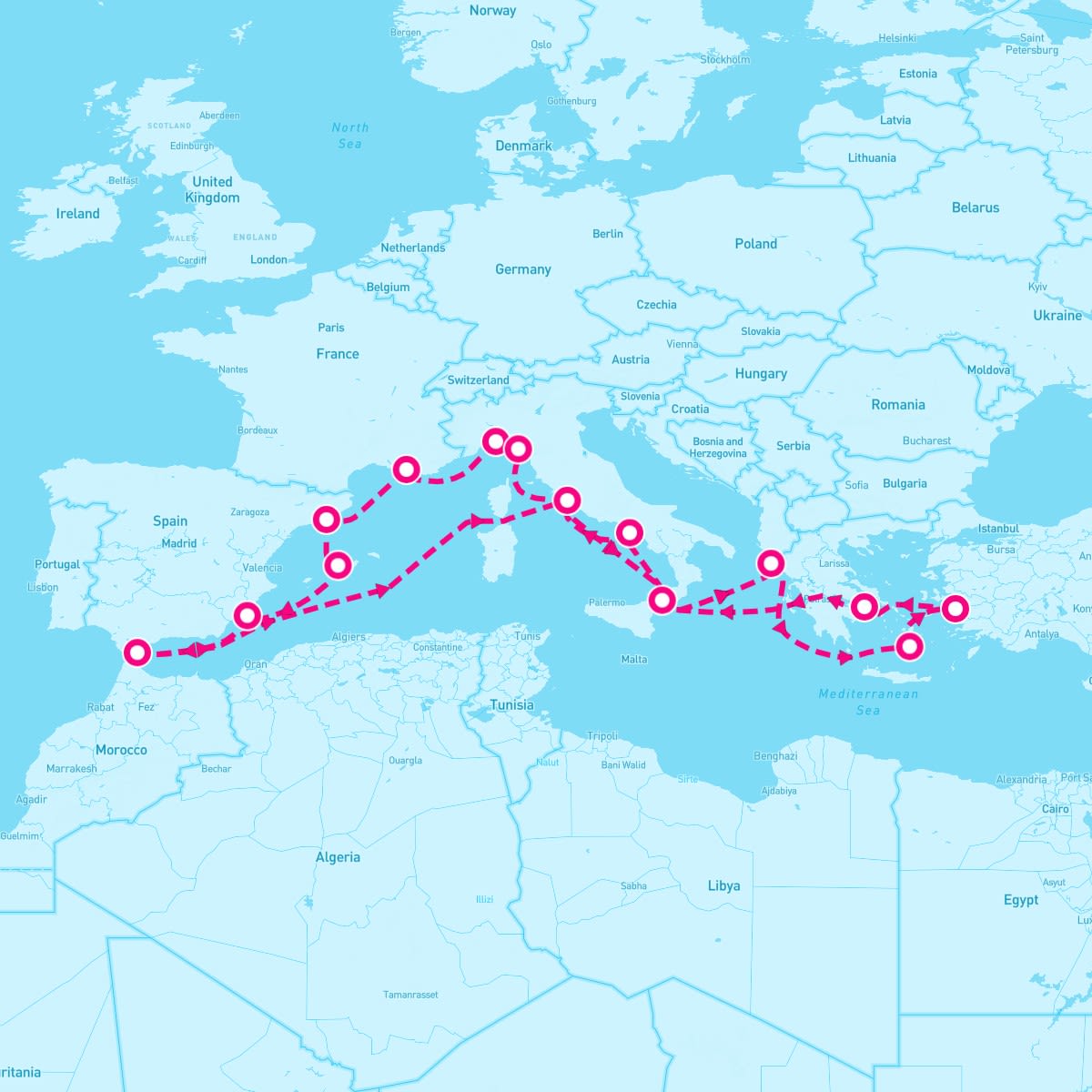Sun Princess itinerary map for March 19, 2024 (20 nights)