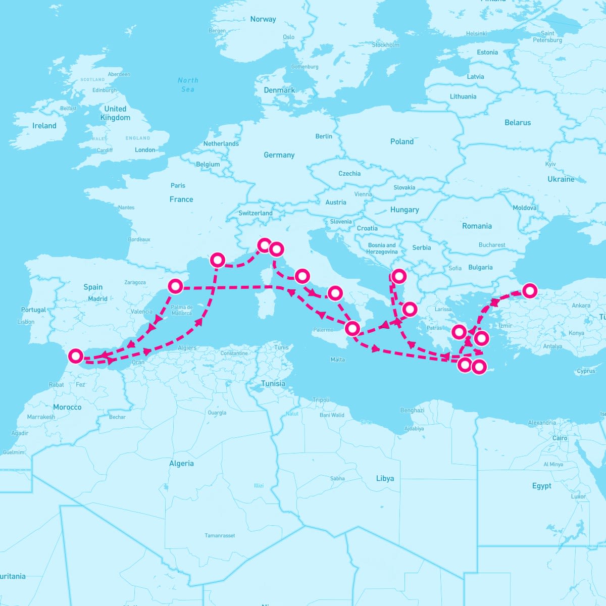 Sun Princess itinerary map for April 19, 2025 (21 nights)