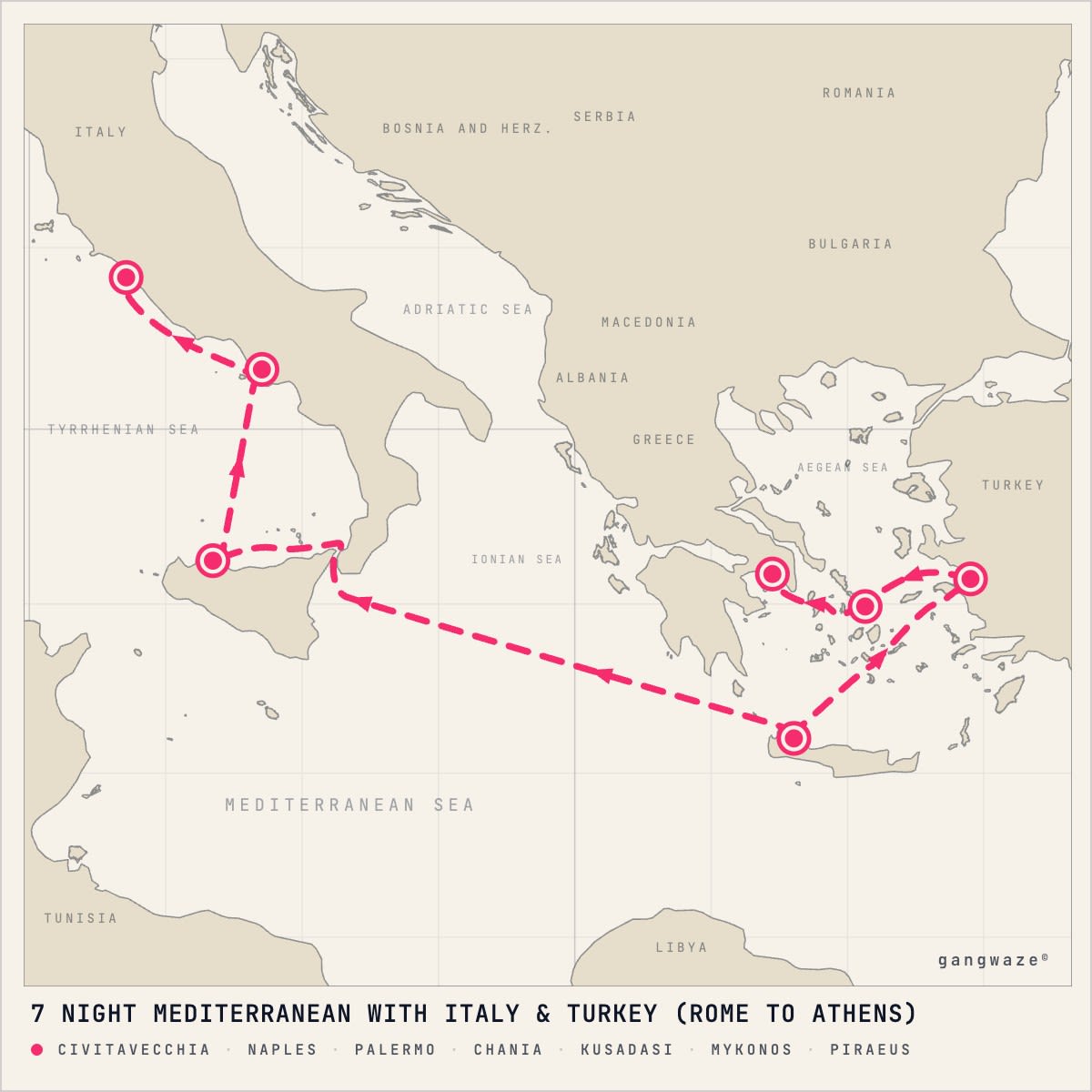 Sun Princess itinerary map for March 12, 2028 (7 nights)