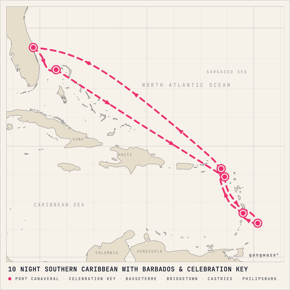Sun Princess December 19, 2028 itinerary map: round trip from Port Canaveral, calling at Celebration Key, Basseterre, Bridgetown, Castries, Philipsburg