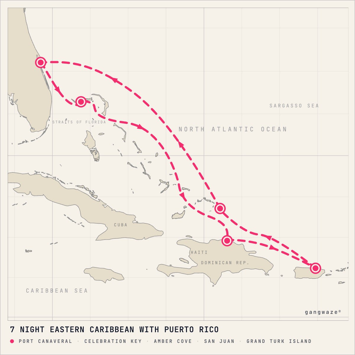 Sun Princess January 19, 2029 itinerary map: round trip from Port Canaveral, calling at Celebration Key, Amber Cove, San Juan, Grand Turk Island