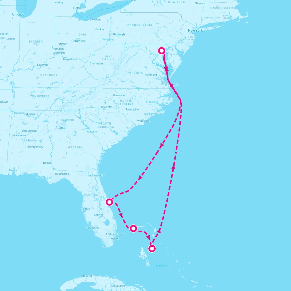 Vision of the Seas itinerary map for November 21, 2024 (8 nights)