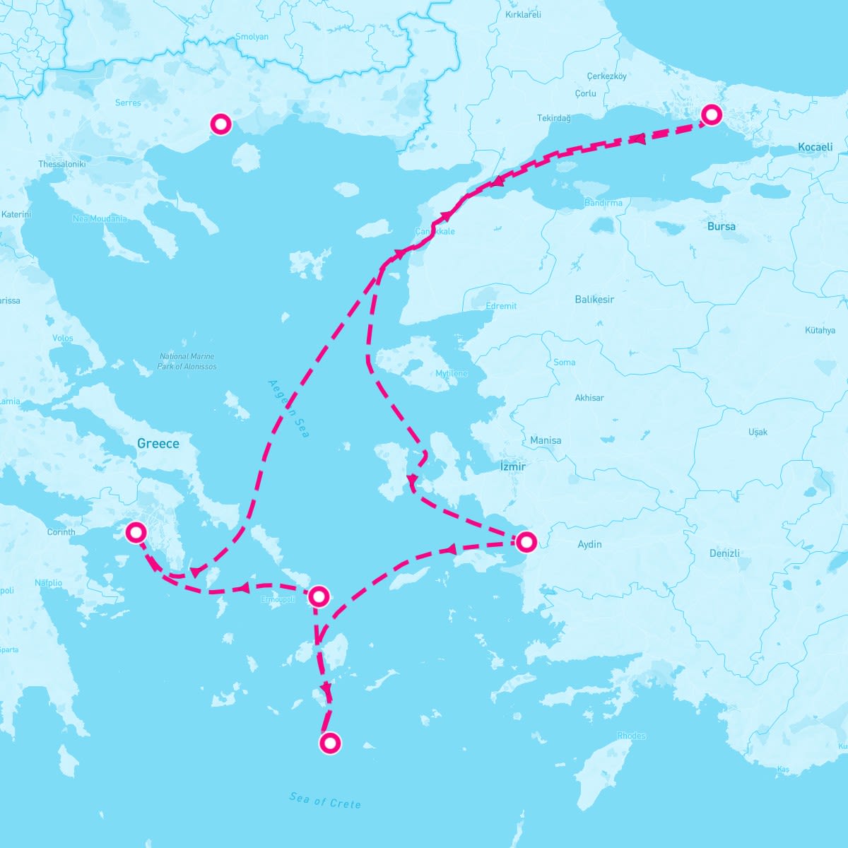 Voyager of the Seas itinerary map for August 19, 2024 (7 nights)