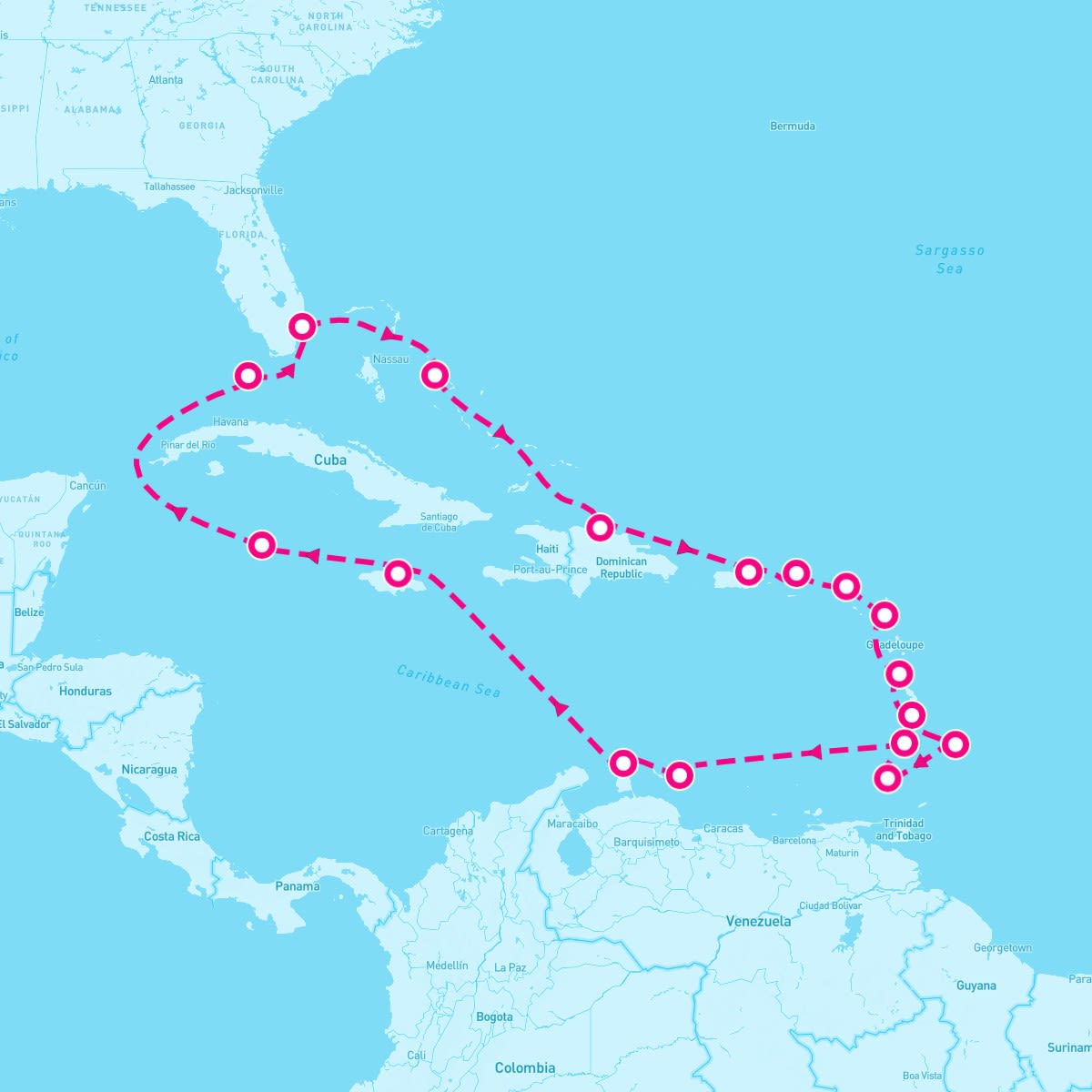 MS Zaandam itinerary map for February 3, 2024 (21 nights)