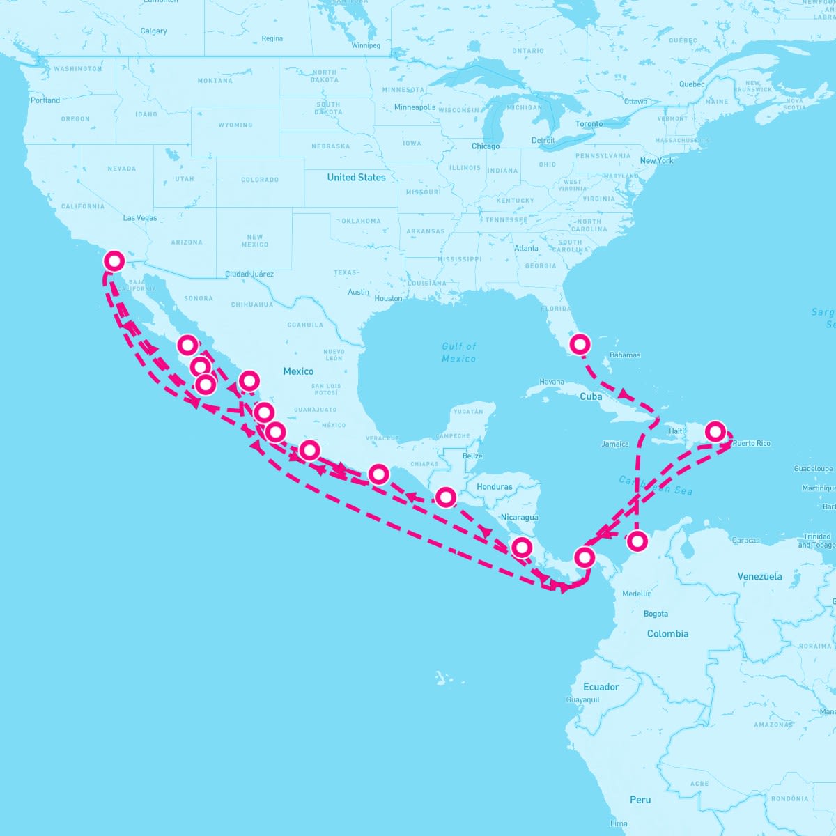 MS Zaandam itinerary map for March 16, 2024 (28 nights)