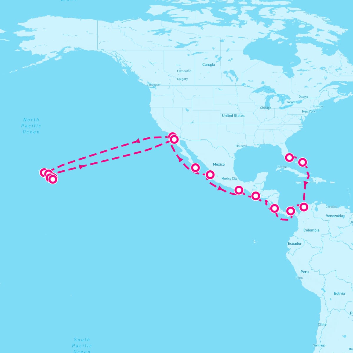 MS Zaandam itinerary map for December 18, 2024 (31 nights)