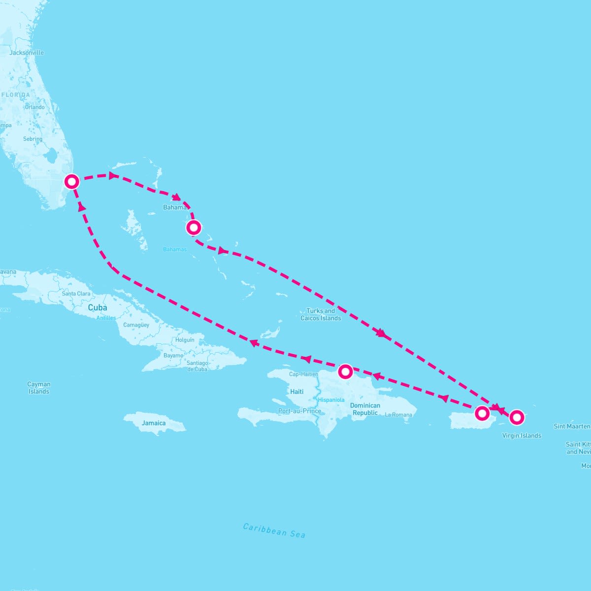 MS Zaandam itinerary map for January 18, 2025 (7 nights)