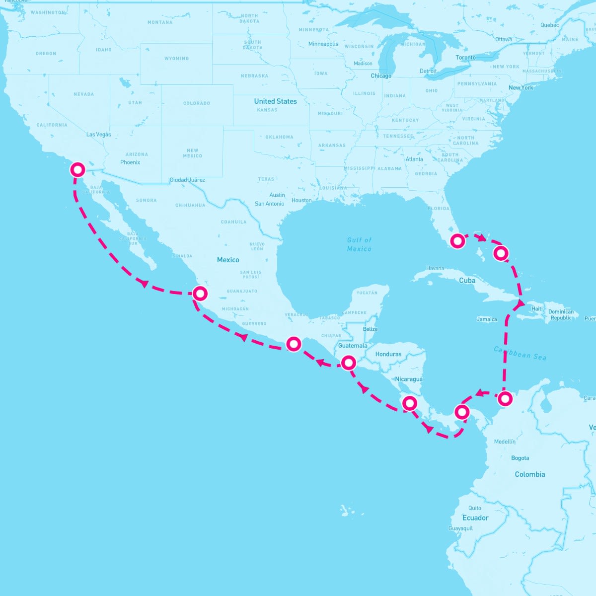 MS Zaandam itinerary map for March 7, 2025 (15 nights)