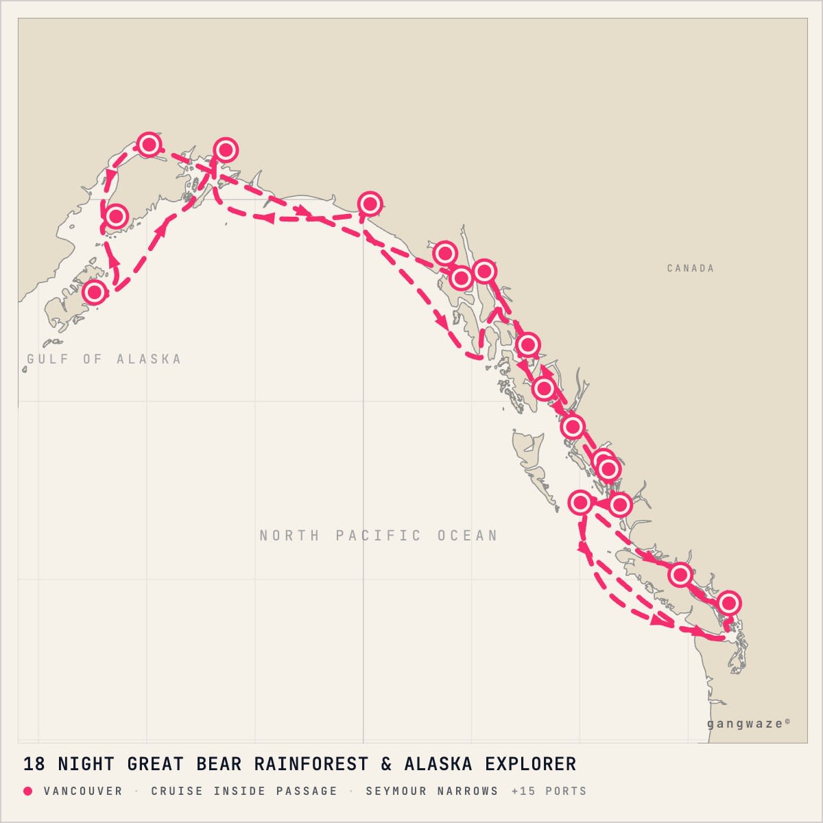 MS Zaandam itinerary map for September 13, 2028 (18 nights)