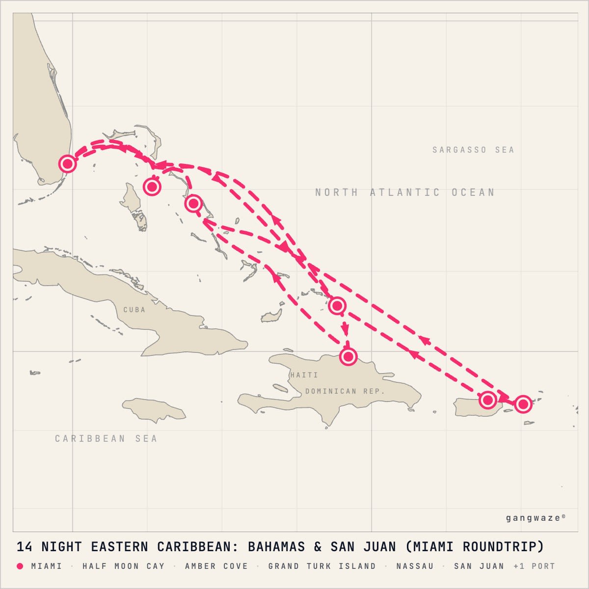 MS Zuiderdam itinerary map for November 27, 2027 (14 nights)