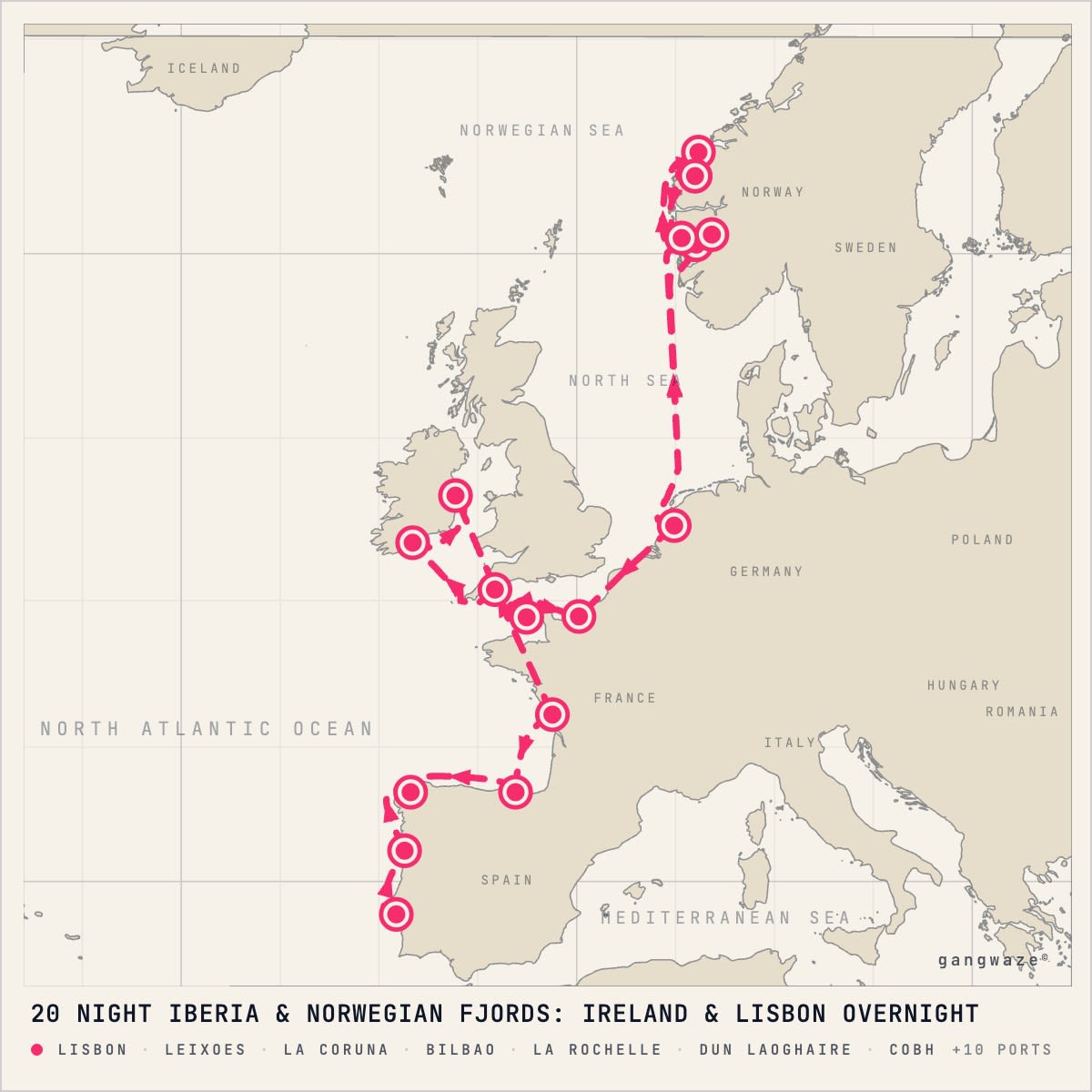 MS Zuiderdam itinerary map for April 16, 2028 (20 nights)