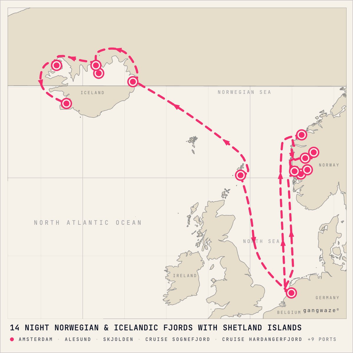 MS Zuiderdam itinerary map for May 13, 2028 (14 nights)