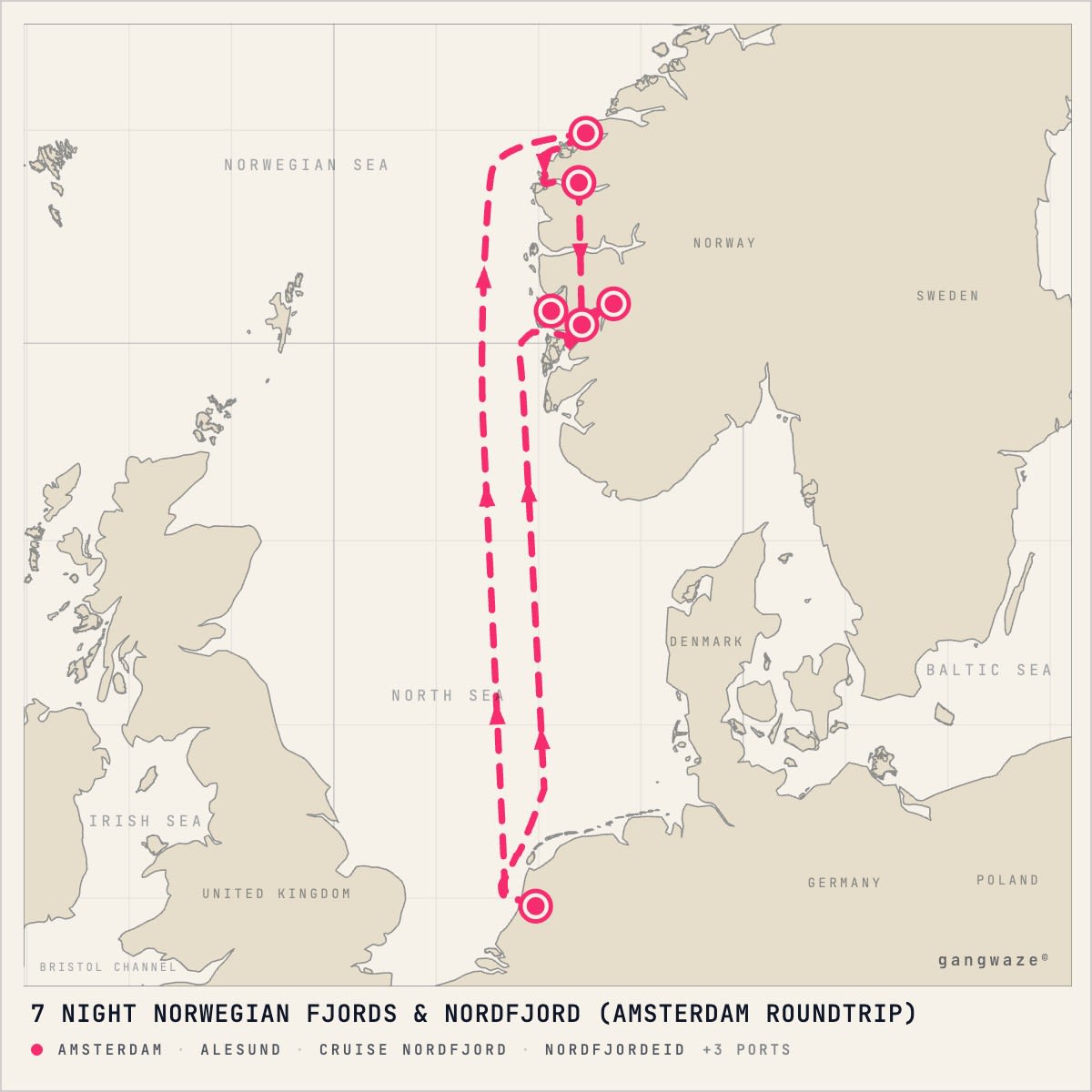 MS Zuiderdam itinerary map for July 29, 2028 (7 nights)