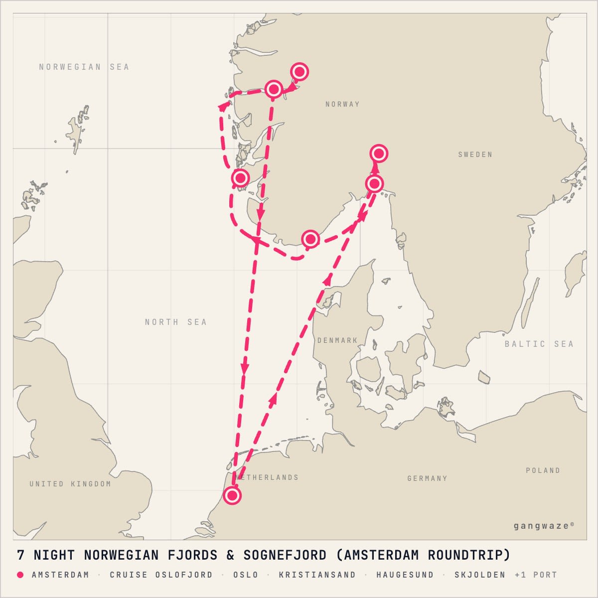 MS Zuiderdam itinerary map for August 5, 2028 (7 nights)