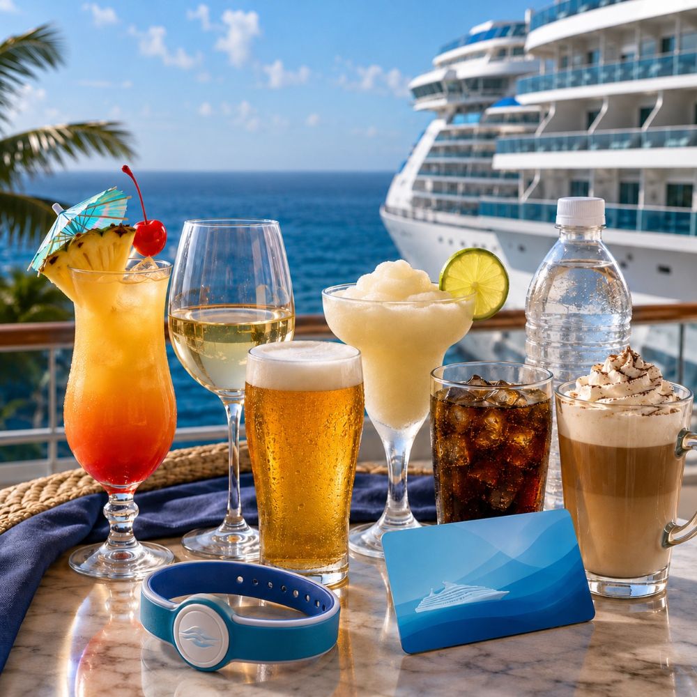 Cocktails, beer, wine, soda and specialty coffee on a cruise ship deck table beside a sail-and-sign card
